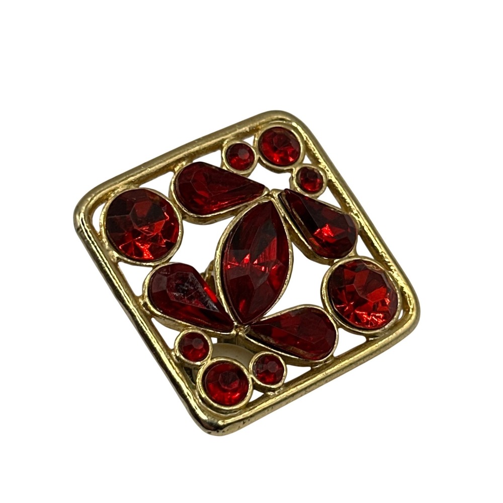 Vintage Red Rhinestone Gold Tone Square Clip On Single Earring Statement Jewelry